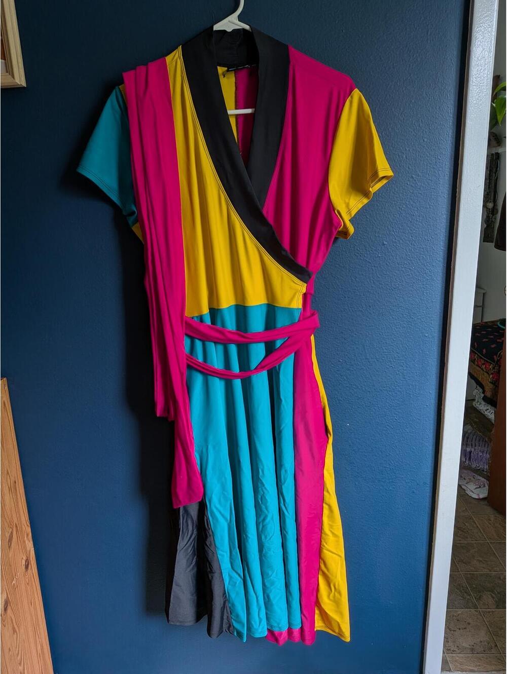 Elhoffer Design Dress XL Colorblock Wrap Style Pink Teal Yellow Statement Dress